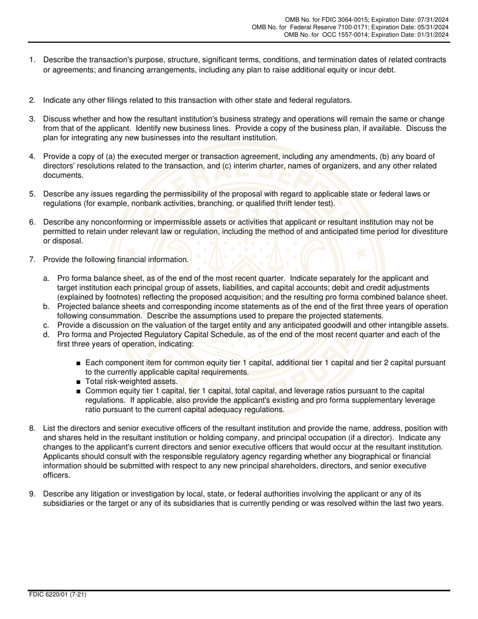 FDIC Form 6220 / 01 Interagency Bank Merger Act Application, Page 5