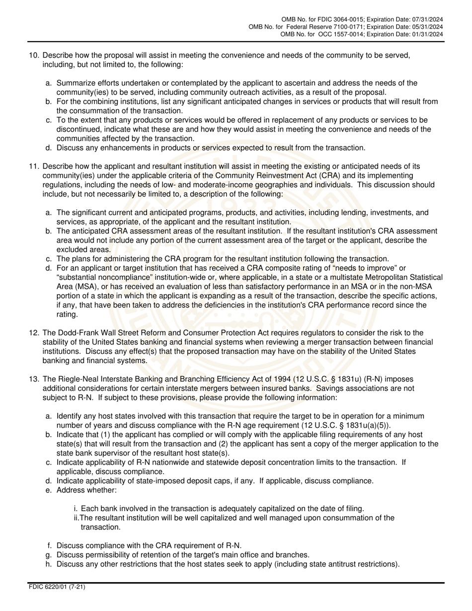 FDIC Form 6220 / 01 Interagency Bank Merger Act Application, Page 6