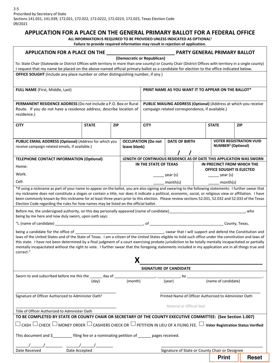 Form 2-5 Application for a Place on the General Primary Ballot for a Federal Office - Texas (English / Spanish), Page 1