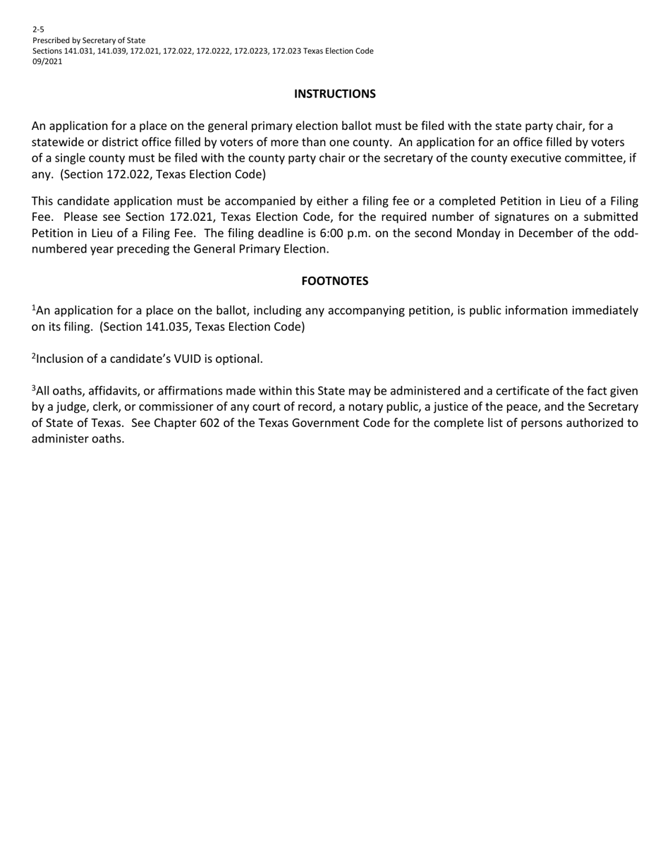 Form 2-5 Application for a Place on the General Primary Ballot for a Federal Office - Texas (English / Spanish), Page 2
