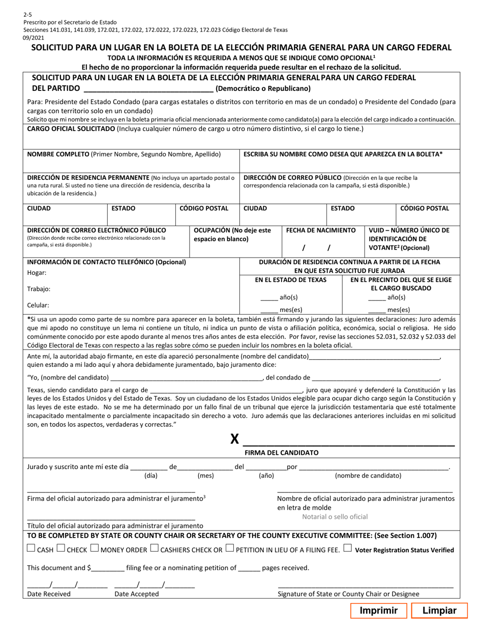 Form 2-5 Application for a Place on the General Primary Ballot for a Federal Office - Texas (English / Spanish), Page 3