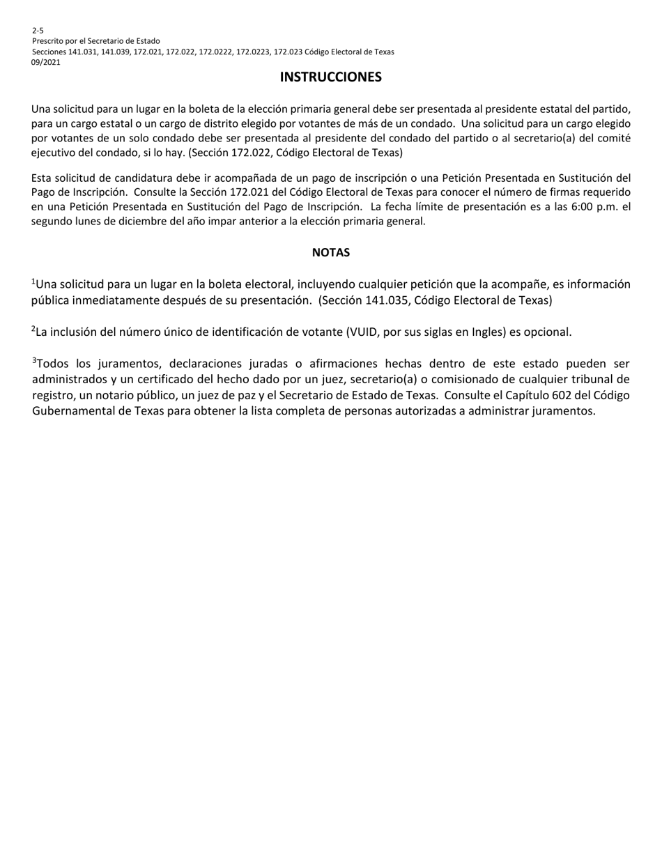 Form 2-5 Application for a Place on the General Primary Ballot for a Federal Office - Texas (English / Spanish), Page 4