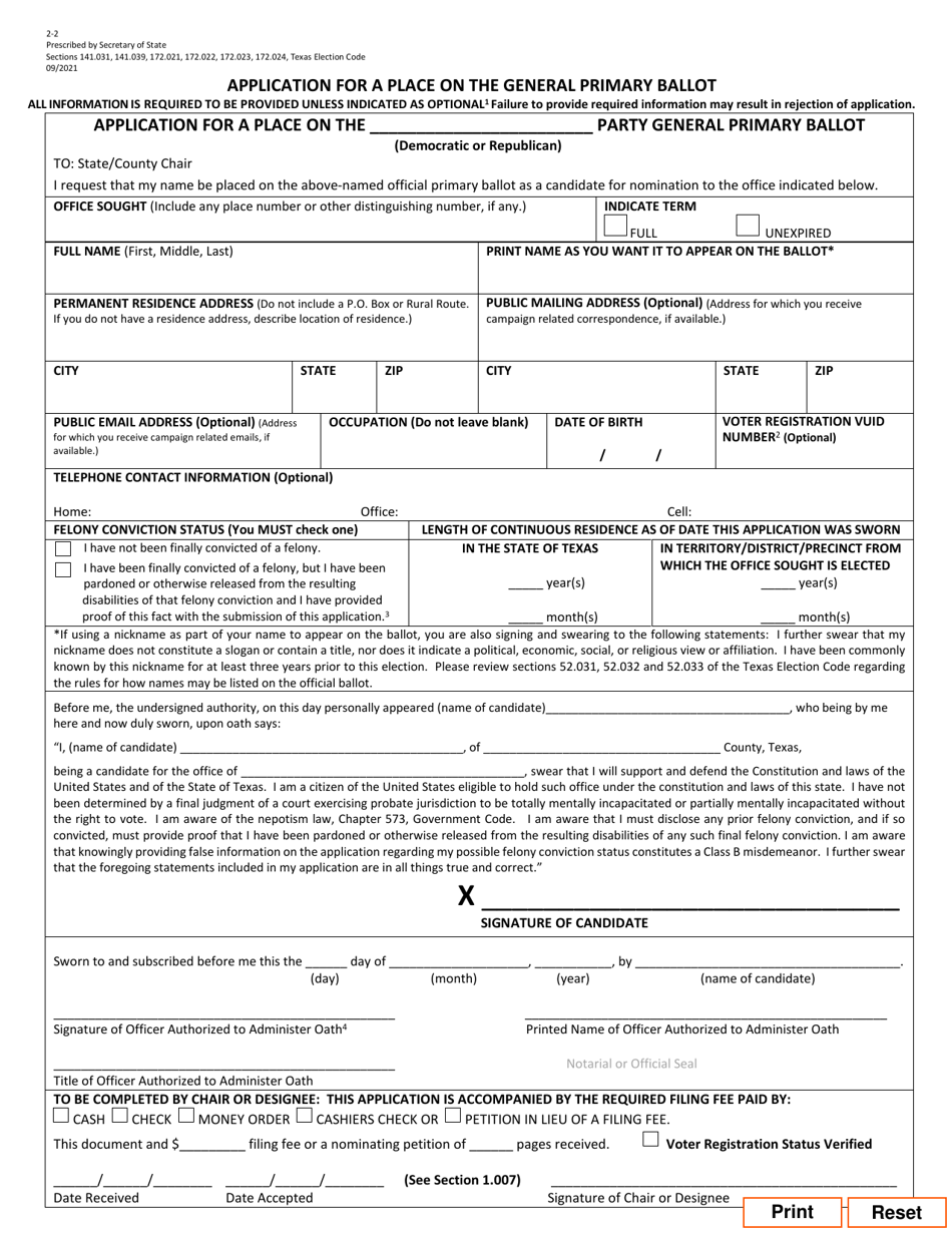 Form 2-2 Application for a Place on the General Primary Ballot - Texas (English / Spanish), Page 1