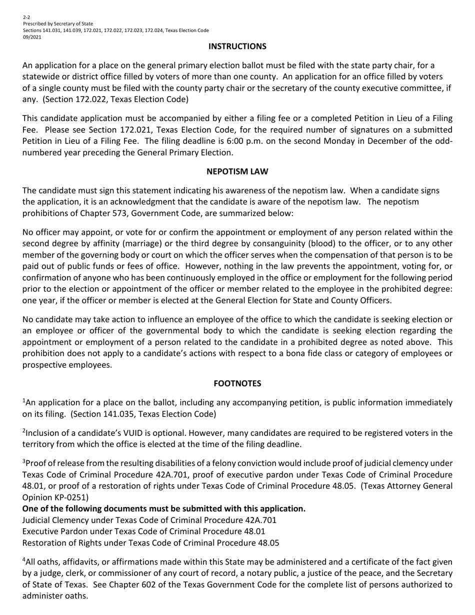 Form 2-2 Application for a Place on the General Primary Ballot - Texas (English / Spanish), Page 2