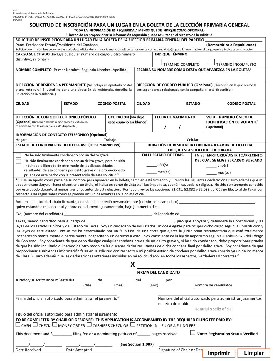 Form 2-2 Application for a Place on the General Primary Ballot - Texas (English / Spanish), Page 4