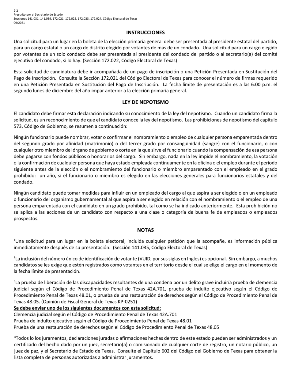 Form 2-2 Application for a Place on the General Primary Ballot - Texas (English / Spanish), Page 5