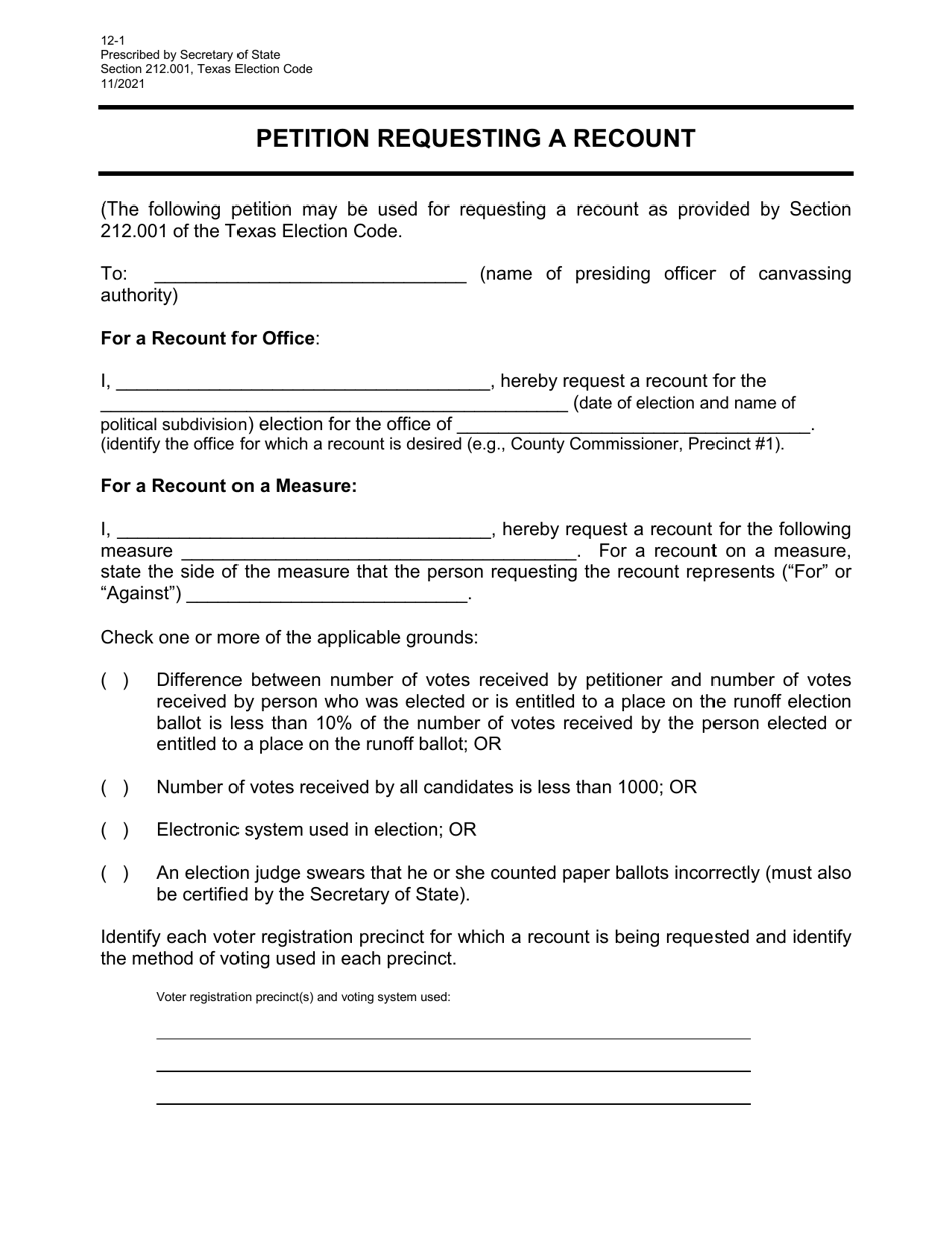 Form 12-1 Petition Requesting a Recount - Texas, Page 1