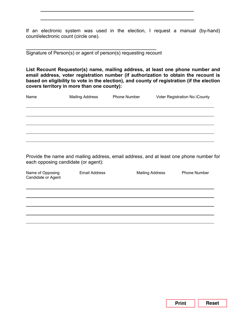 Form 12-1 Petition Requesting a Recount - Texas, Page 2