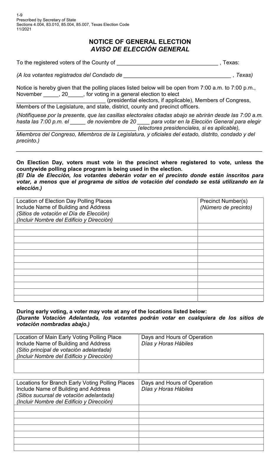 Form 1-9 Notice of General Election - Texas (English / Spanish), Page 1