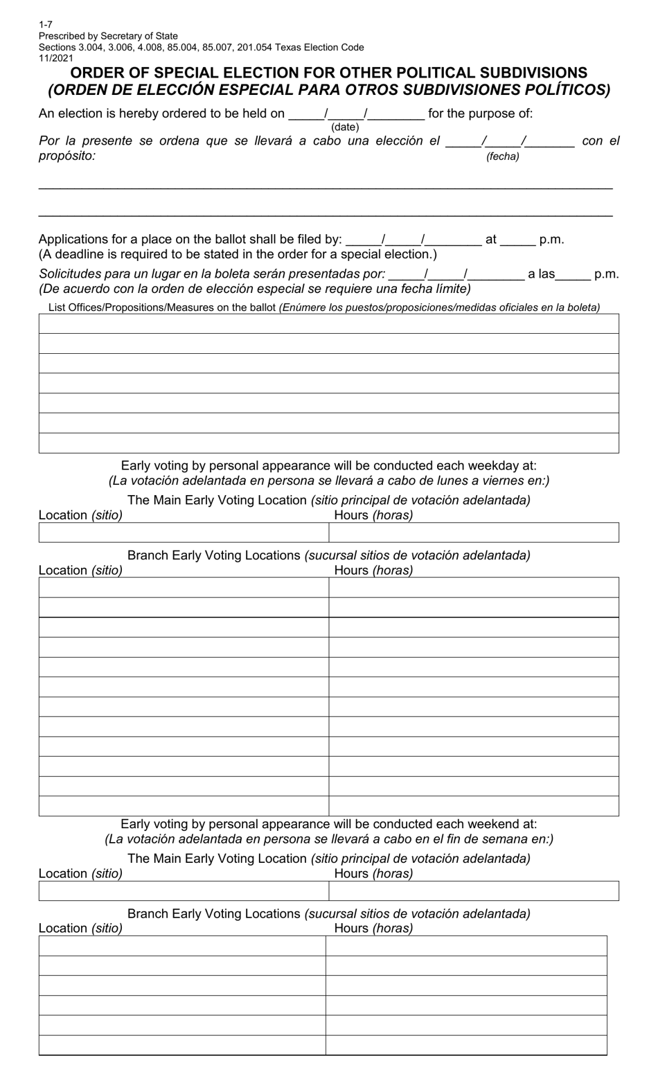 Form 1-7 Order of Special Election for Other Political Subdivisions - Texas (English / Spanish), Page 1