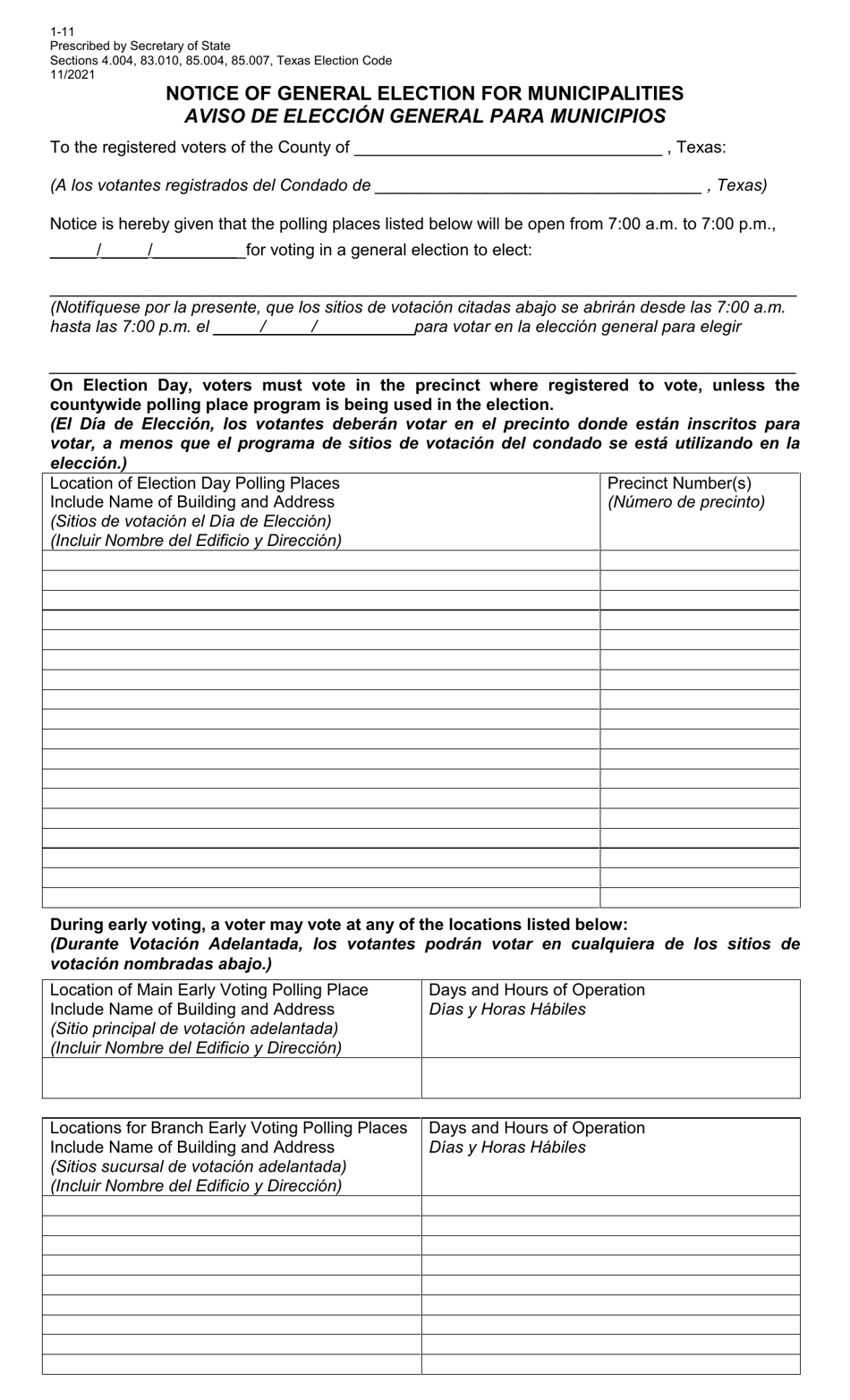 Form 1-11 Notice of General Election for Municipalities - Texas (English / Spanish), Page 1