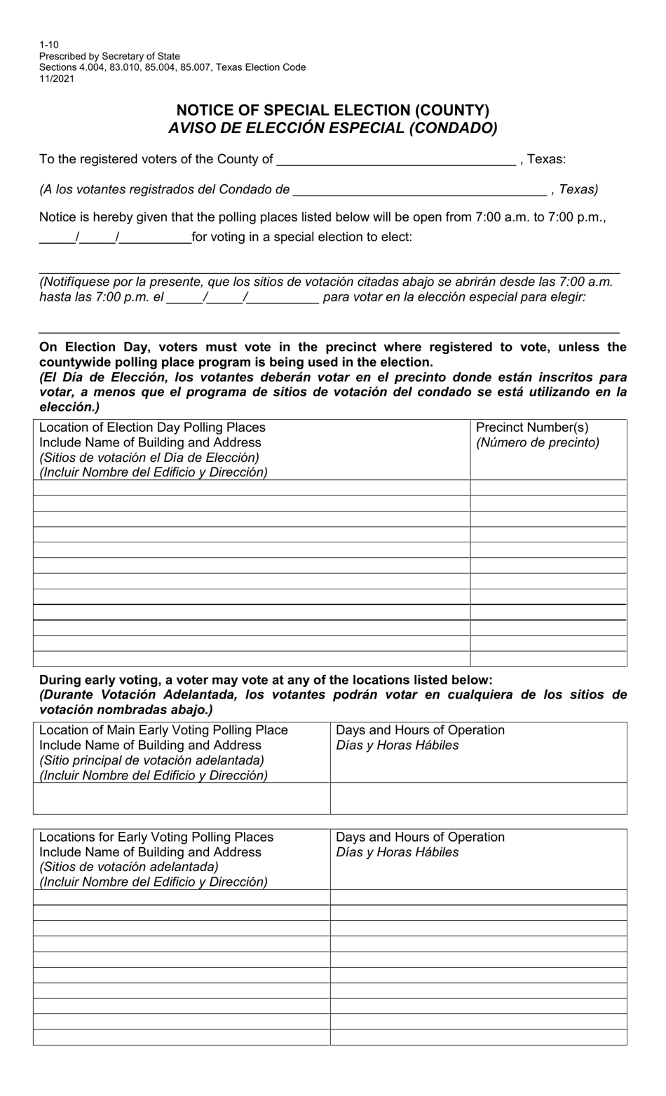 Form 1-10 Notice of Special Election (County) - Texas (English / Spanish), Page 1