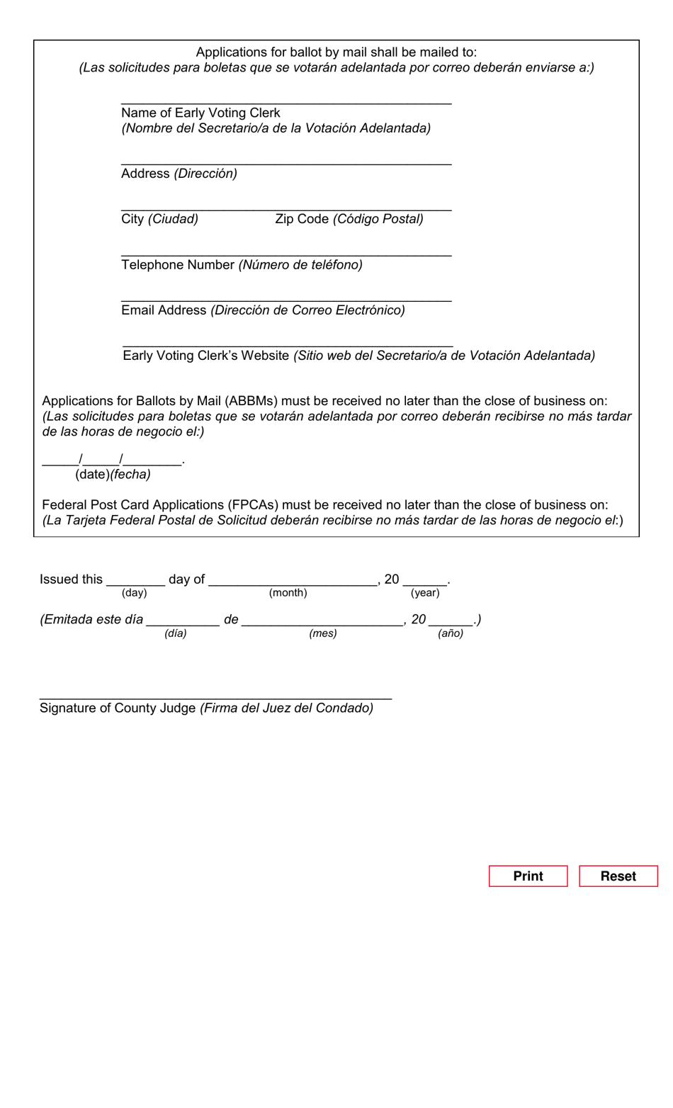 Form 1-10 Notice of Special Election (County) - Texas (English / Spanish), Page 2