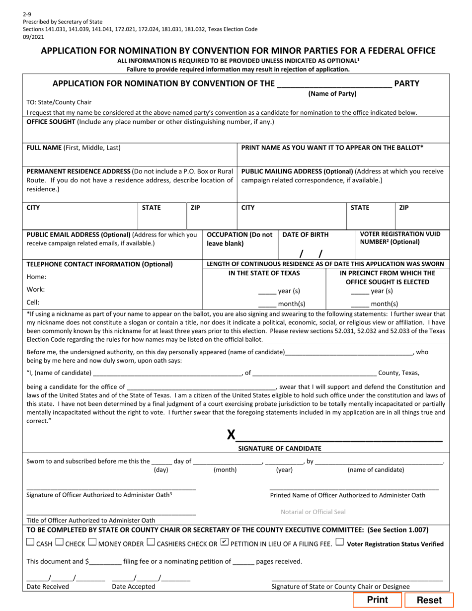 Form 2-9 Application for Nomination by Convention for Minor Parties for a Federal Office - Texas (English / Spanish), Page 1