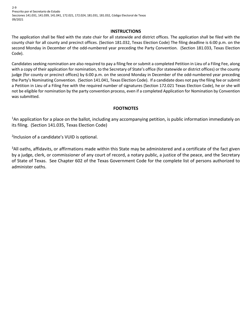 Form 2-9 Application for Nomination by Convention for Minor Parties for a Federal Office - Texas (English / Spanish), Page 2