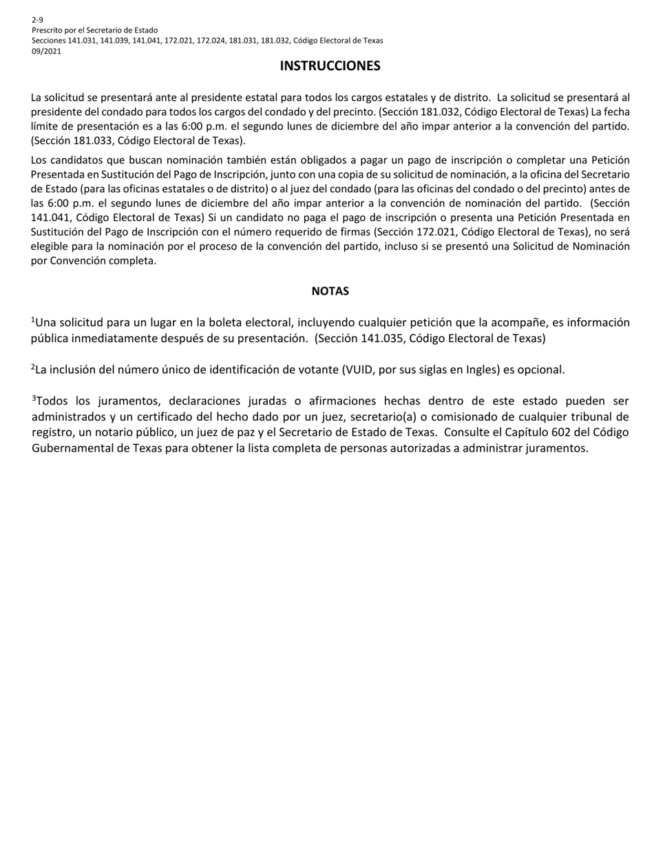 Form 2-9 Application for Nomination by Convention for Minor Parties for a Federal Office - Texas (English / Spanish), Page 4