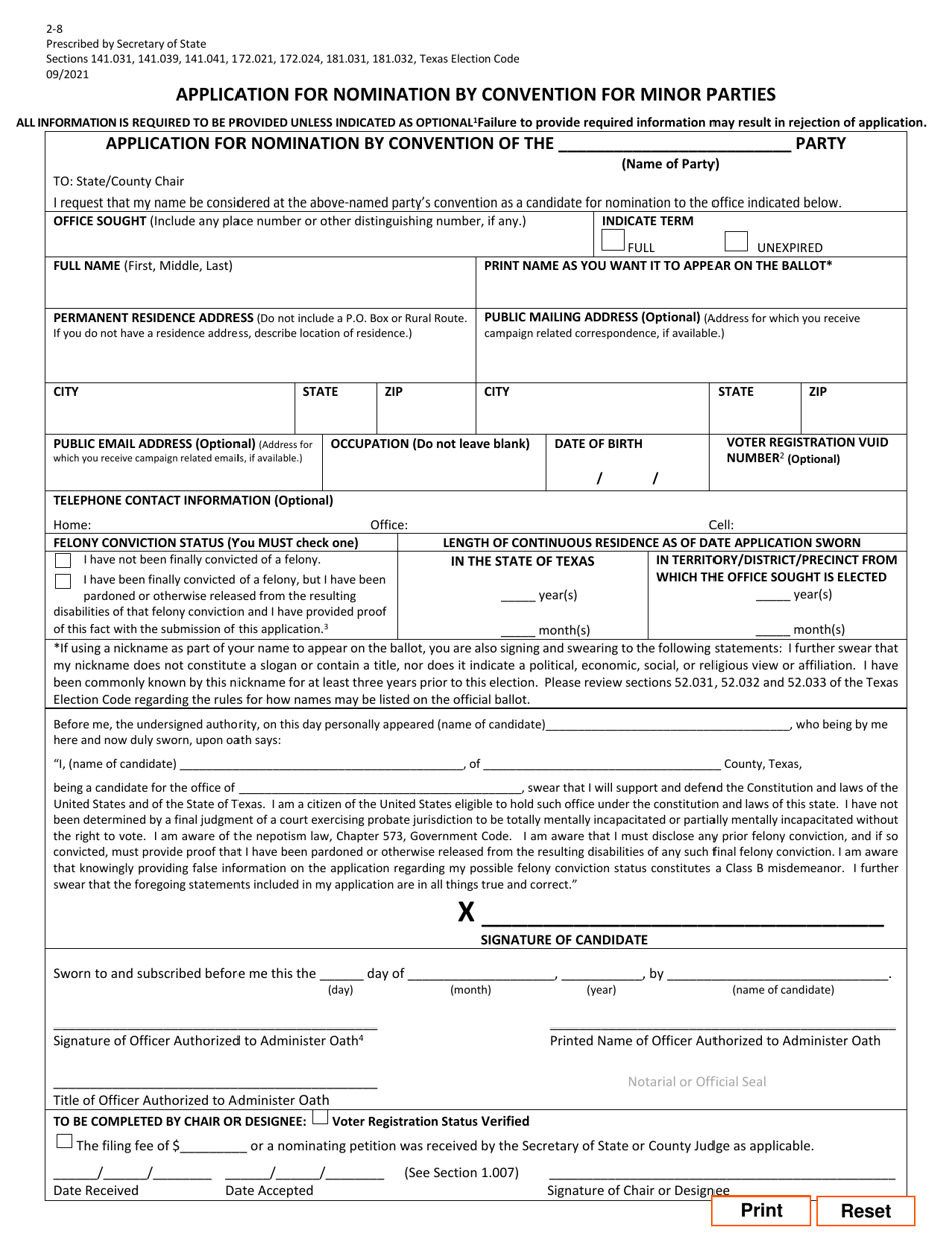 Form 2-8 Application for Nomination by Convention for Minor Parties - Texas (English / Spanish), Page 1