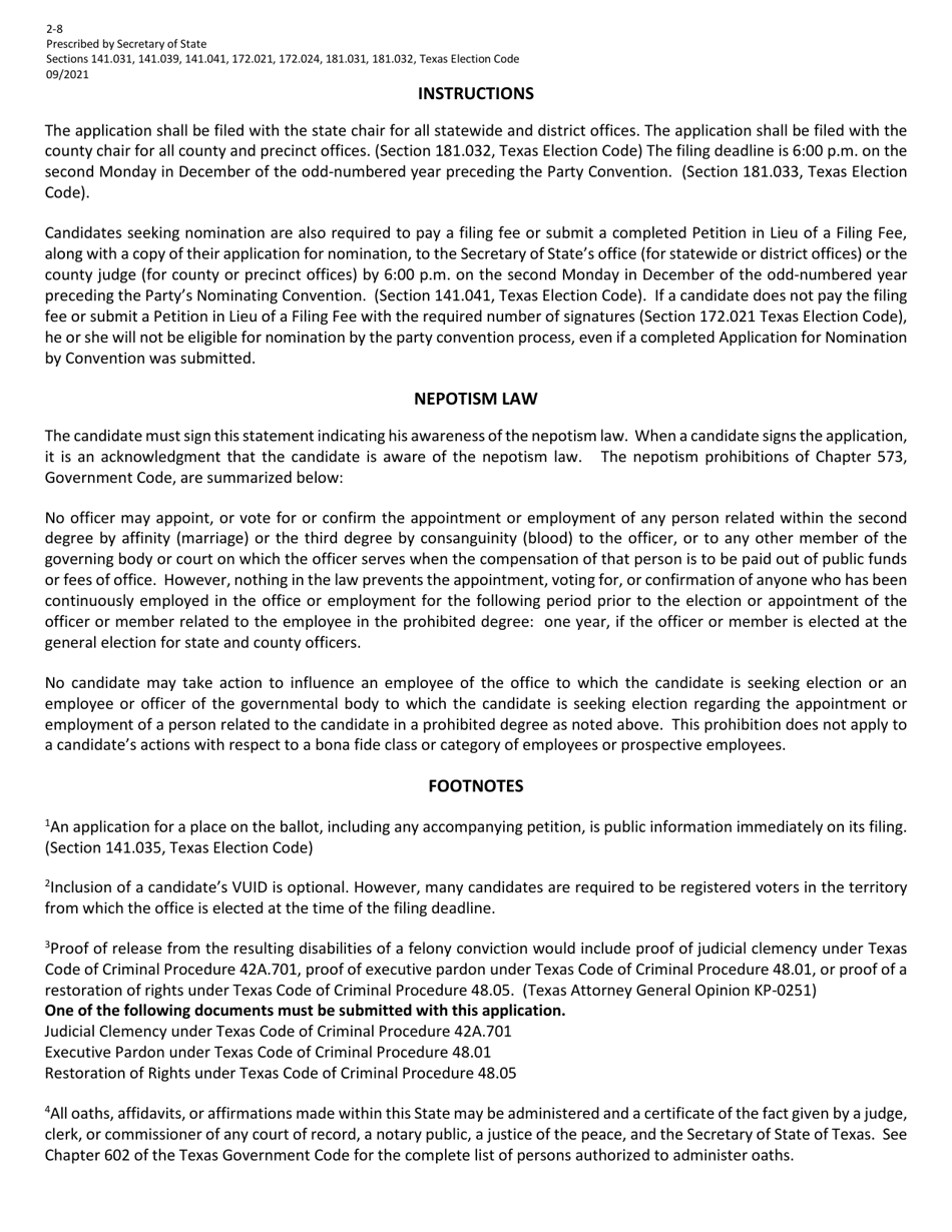 Form 2-8 Application for Nomination by Convention for Minor Parties - Texas (English / Spanish), Page 2