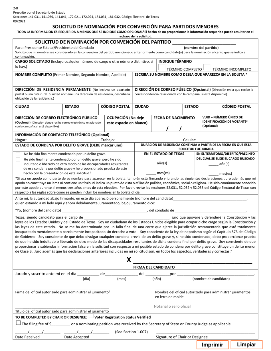 Form 2-8 Application for Nomination by Convention for Minor Parties - Texas (English / Spanish), Page 4