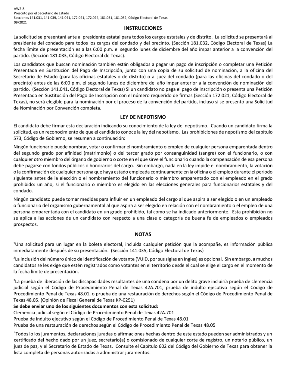 Form 2-8 Application for Nomination by Convention for Minor Parties - Texas (English / Spanish), Page 5