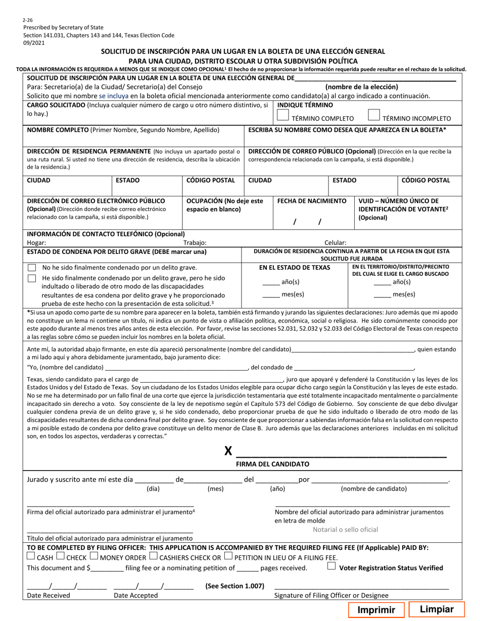 Form 2-26 Application for a Place on the Ballot for a General Election for a City, School District or Other Political Subdivision - Texas (English / Spanish), Page 3