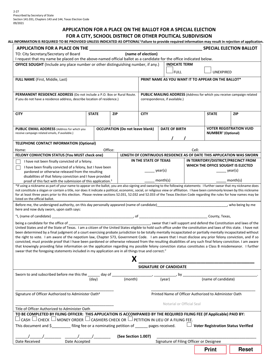 Form 2-27 Application for a Place on the Ballot for a Special Election for a City, School District or Other Political Subdivision - Texas (English/Spanish), Page 1