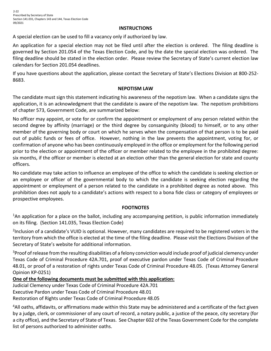 Form 2-27 Application for a Place on the Ballot for a Special Election for a City, School District or Other Political Subdivision - Texas (English / Spanish), Page 2
