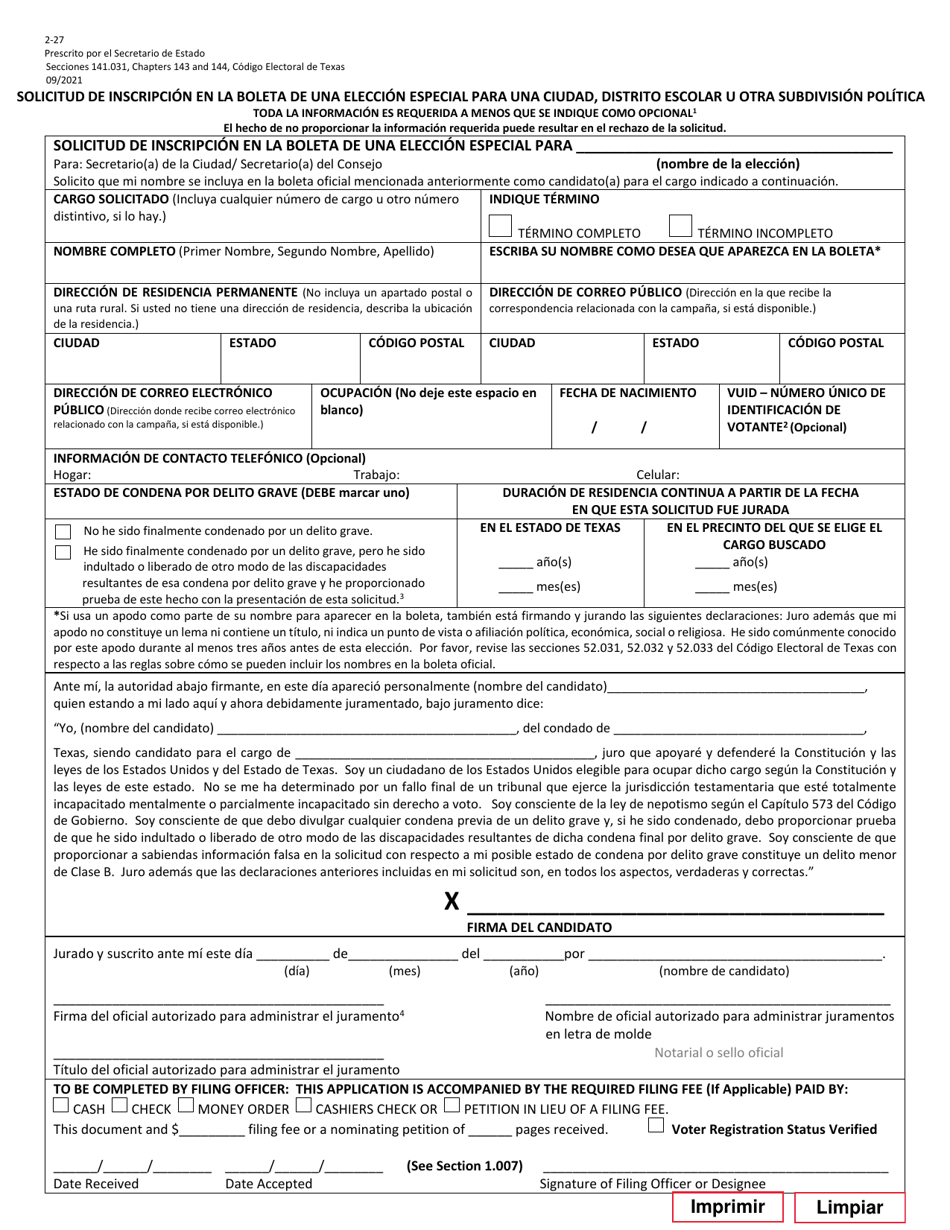 Form 2-27 Application for a Place on the Ballot for a Special Election for a City, School District or Other Political Subdivision - Texas (English / Spanish), Page 3