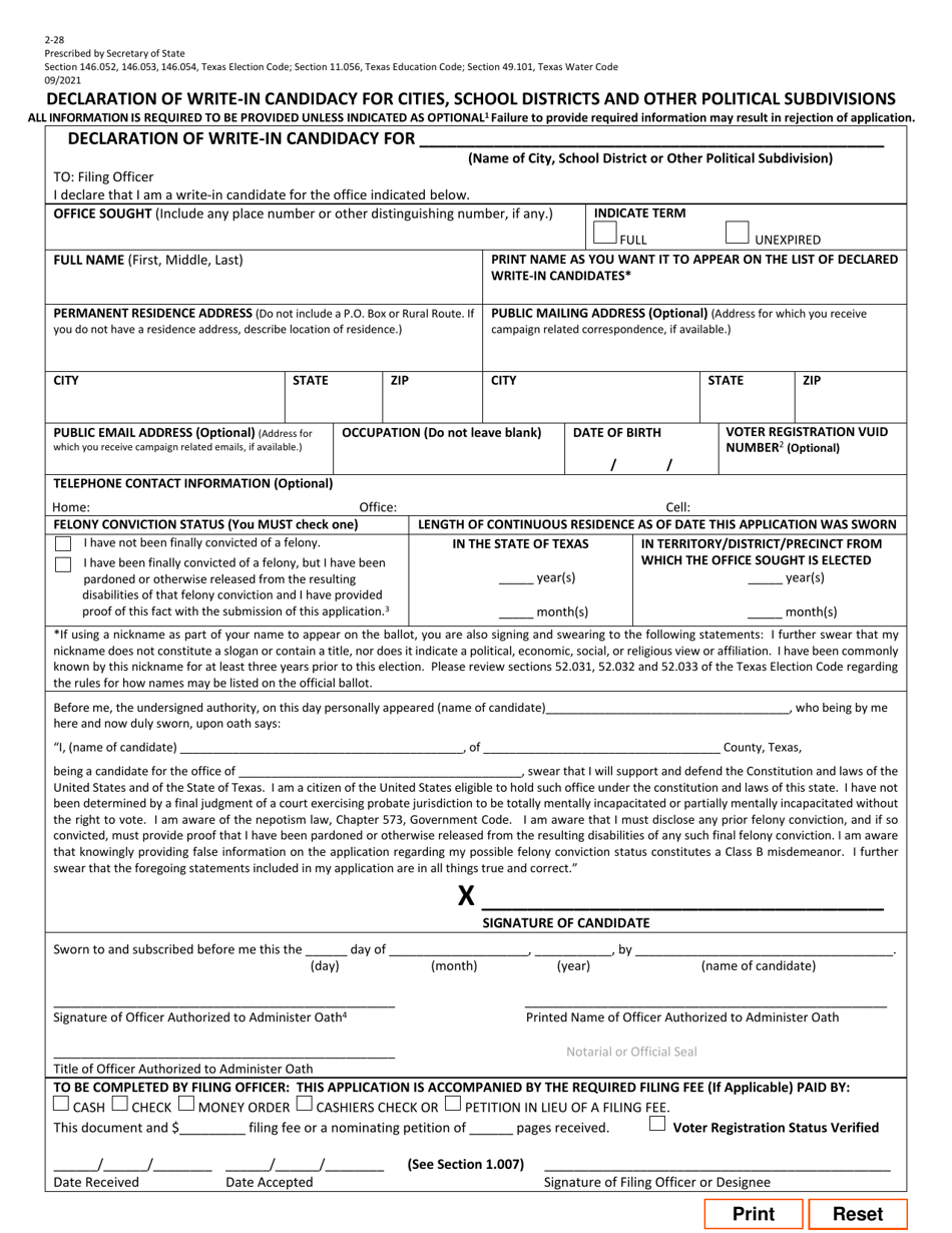 Form 2-28 Declaration of Write-In Candidacy for Cities, School Districts and Other Political Subdivisions - Texas (English / Spanish), Page 1