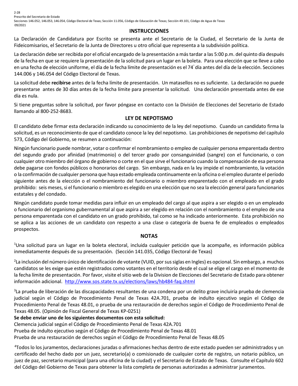 Form 2-28 Declaration of Write-In Candidacy for Cities, School Districts and Other Political Subdivisions - Texas (English / Spanish), Page 4