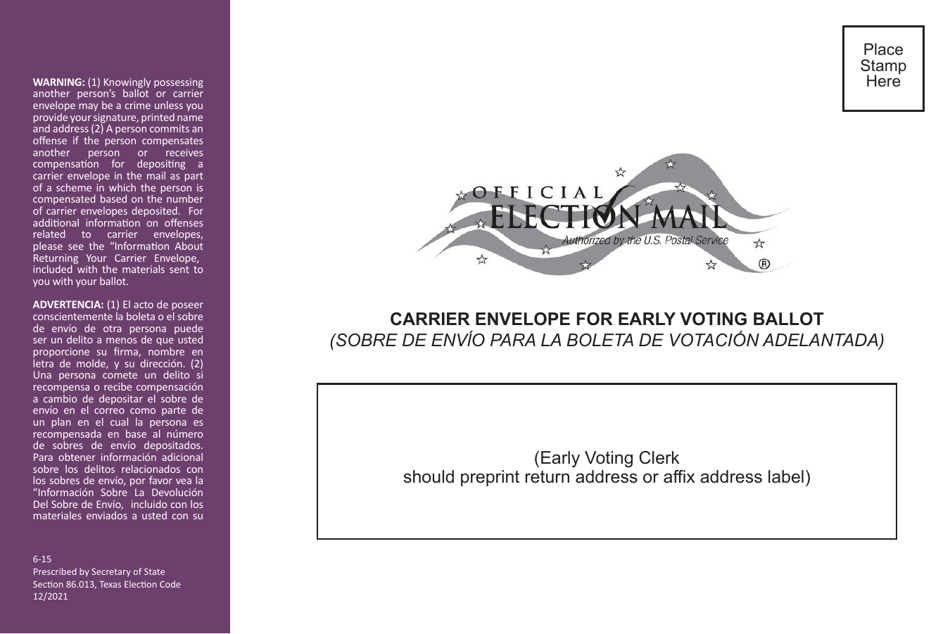 Form 6-15 Carrier Envelope for Early Voting Ballot - Texas (English / Spanish), Page 1