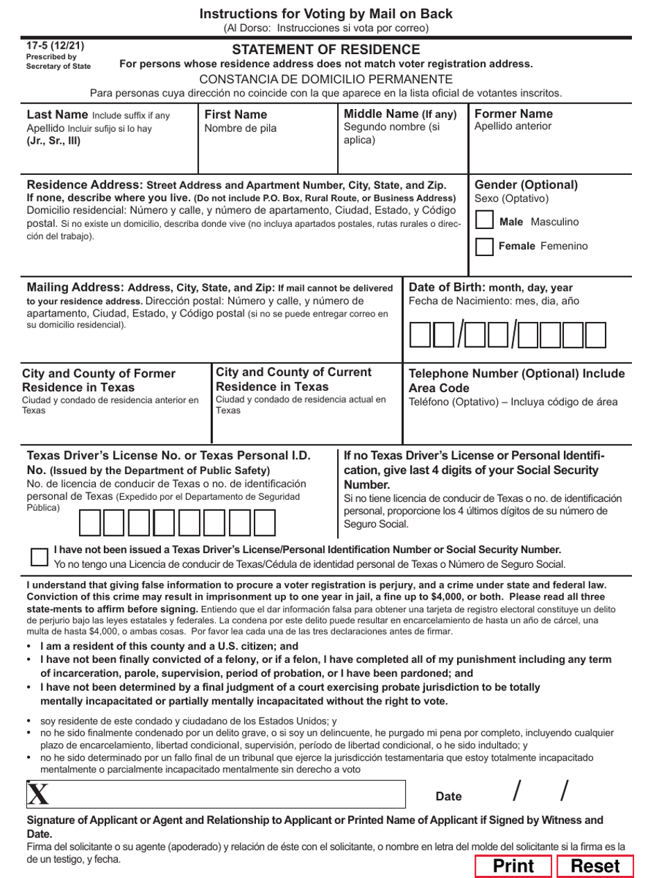 Form 17-5 Statement of Residence - Texas (English / Spanish), Page 1