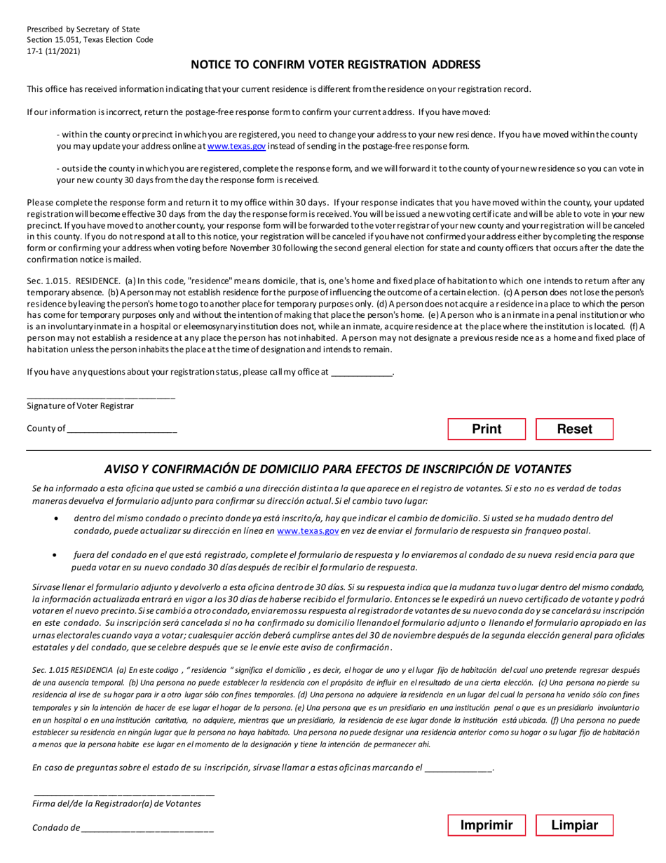 Form 17-1 Notice to Confirm Voter Registration Address - Texas (English / Spanish), Page 1