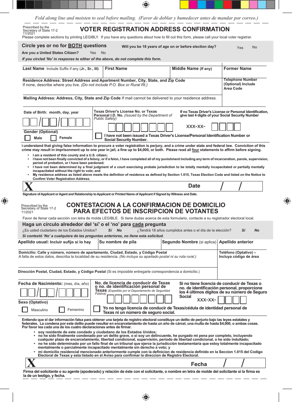 Form 17-2 Voter Registration Address Confirmation - Fold Over - Texas (English/Spanish), Page 1