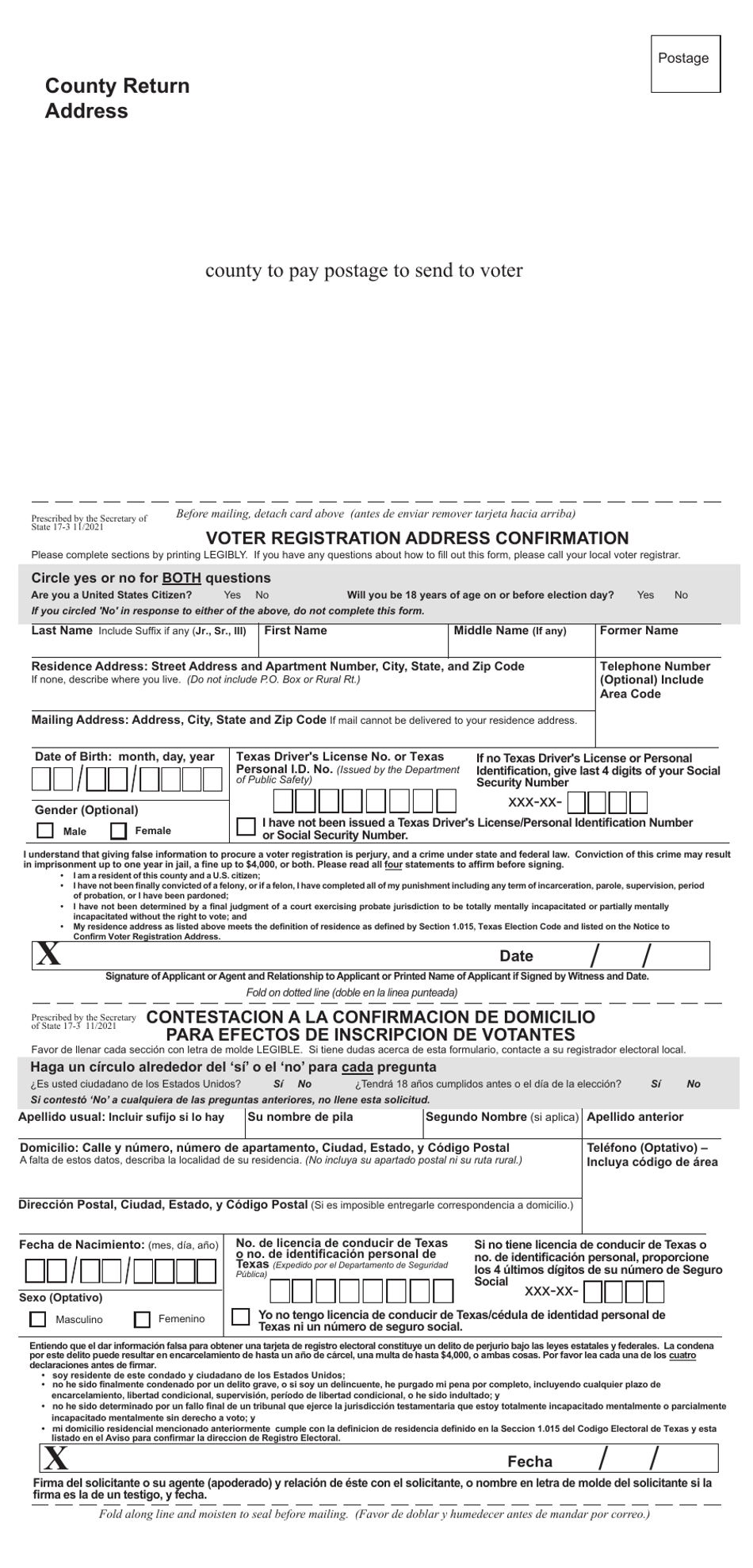 Form 17-3 Voter Registration Address Confirmation - Texas (English / Spanish), Page 1