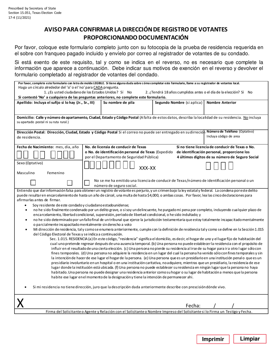 Form 17-4 Notice to Confirm Voter Registration Address by Providing Documentation - Texas (English / Spanish), Page 4