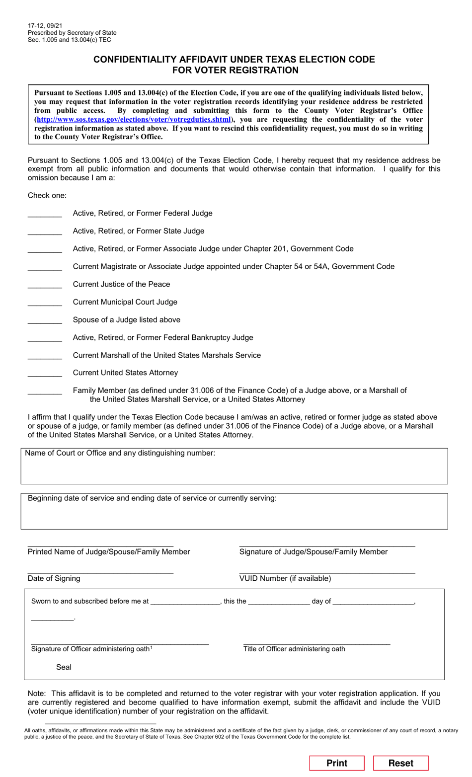 Form 17-12 Confidentiality Affidavit Under Texas Election Code for Voter Registration - Texas (English / Spanish), Page 1