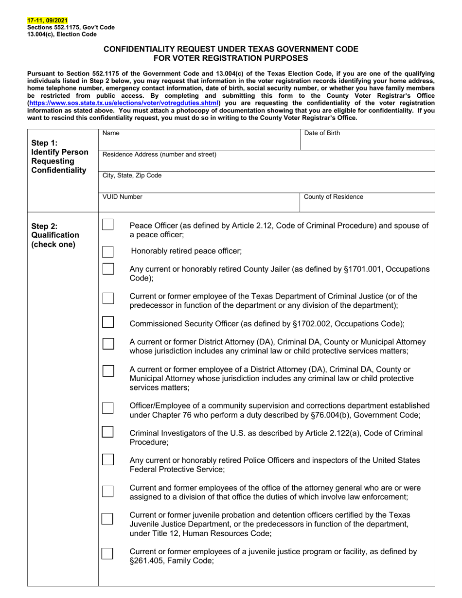 Form 17-11 Confidentiality Request Under Texas Government Code for Voter Registration Purposes - Texas (English / Spanish), Page 1