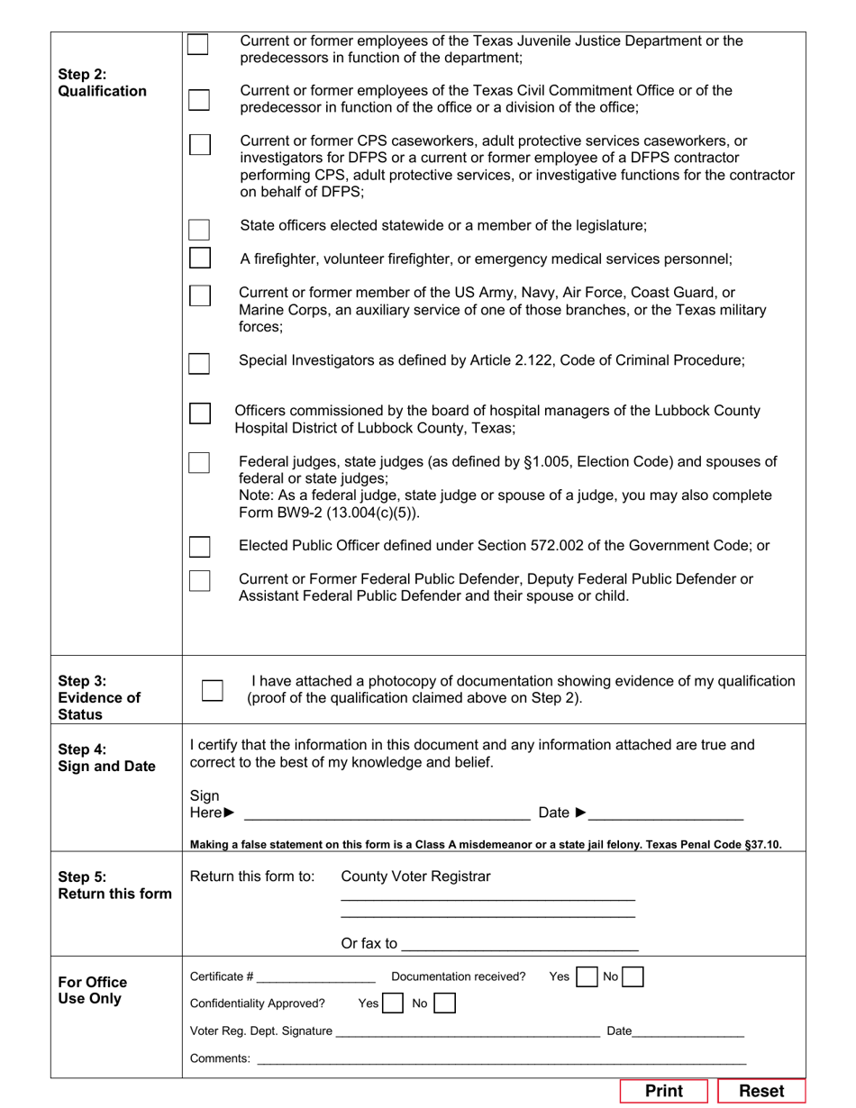 Form 17-11 Confidentiality Request Under Texas Government Code for Voter Registration Purposes - Texas (English / Spanish), Page 2