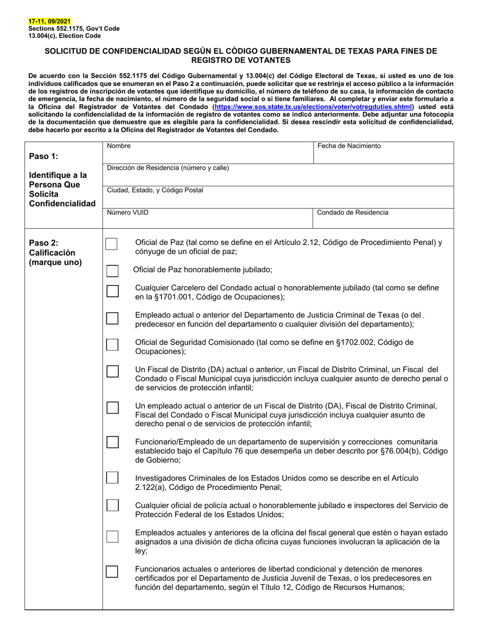 Form 17-11 Confidentiality Request Under Texas Government Code for Voter Registration Purposes - Texas (English / Spanish), Page 3