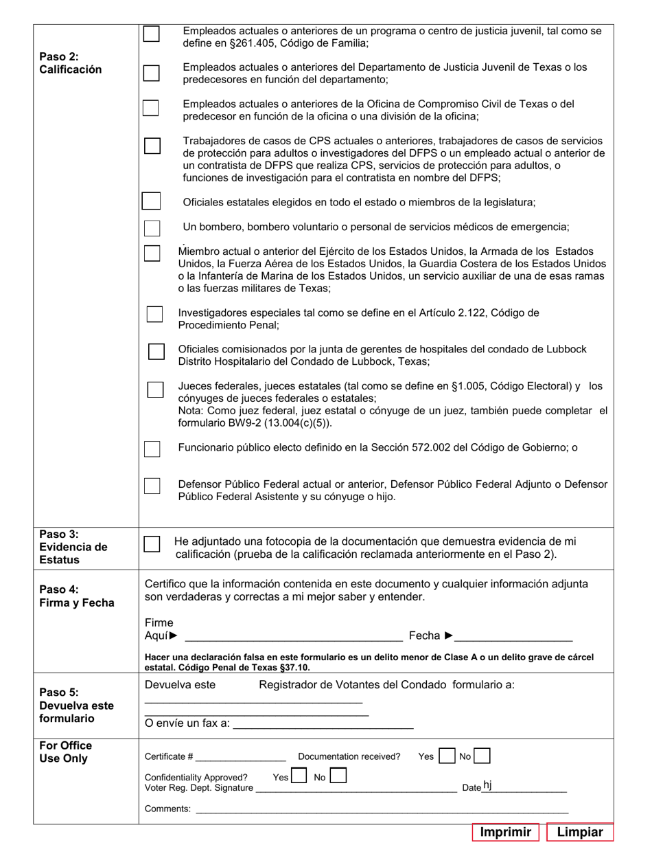 Form 17-11 Confidentiality Request Under Texas Government Code for Voter Registration Purposes - Texas (English / Spanish), Page 4