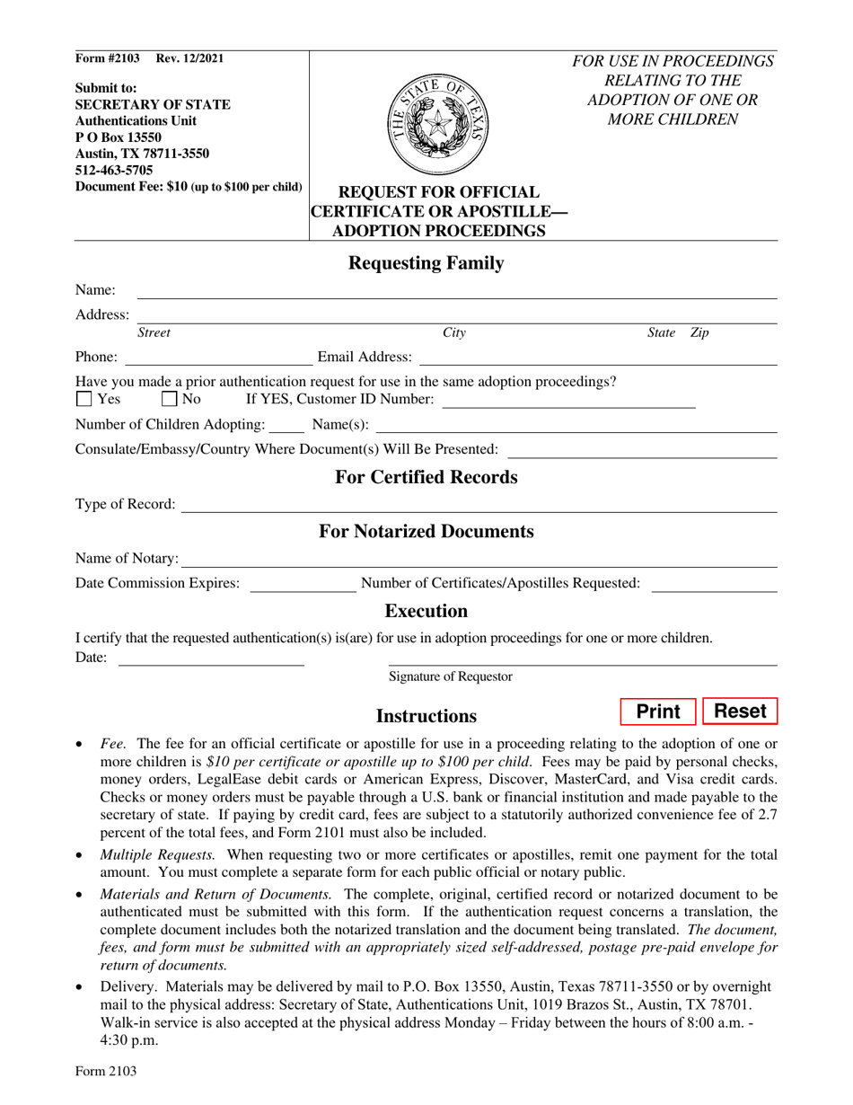 Form 2103 Request for Official Certificate or Apostille - Adoption Proceedings - Texas, Page 1