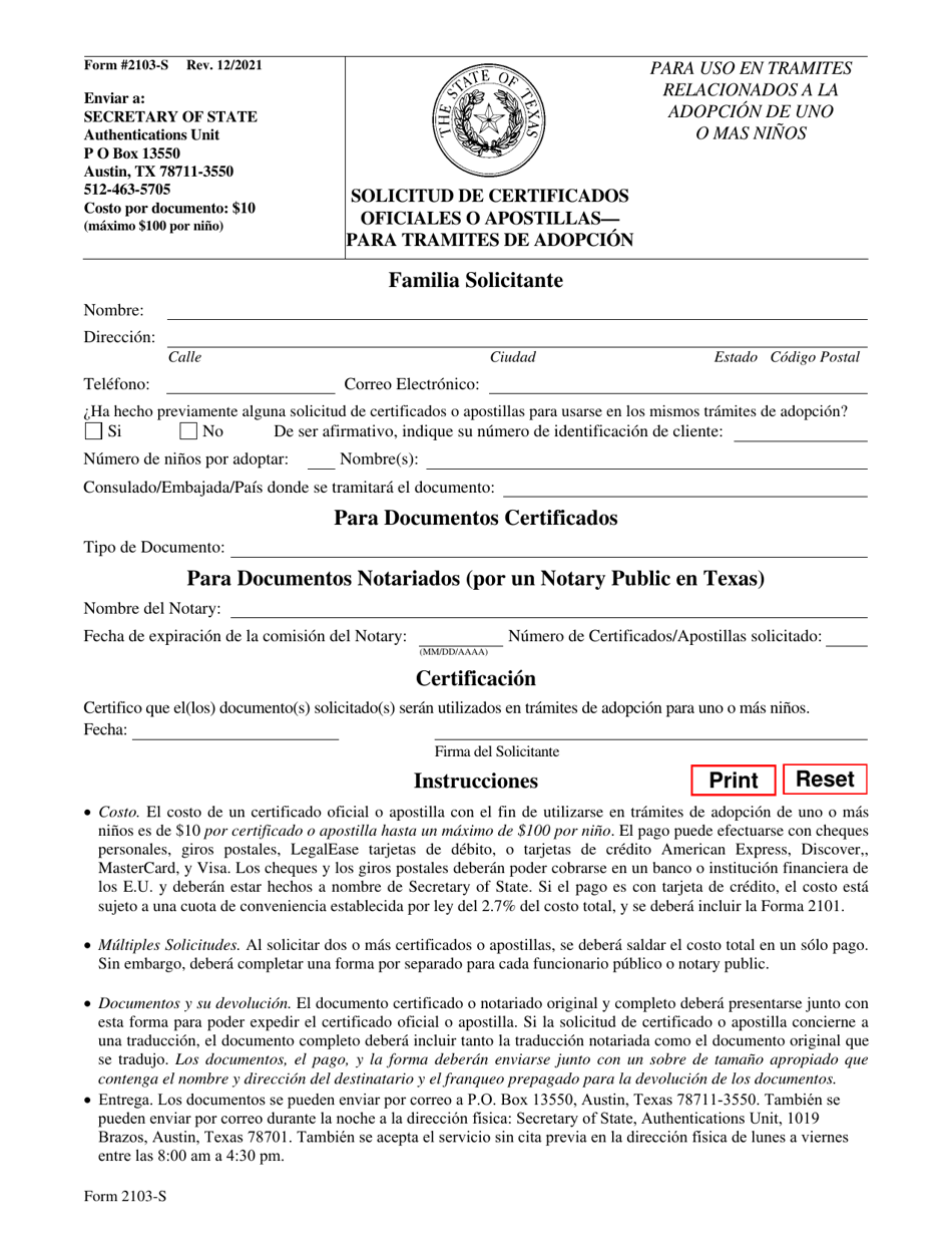 Formulario 2103-S Solicitud De Certificados Oficiales O Apostillas Para Tramites De Adopcion - Texas (Spanish), Page 1