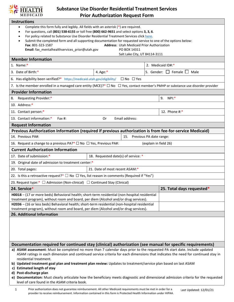 Substance Use Disorder Residential Treatment Services Prior Authorization Request Form - Utah, Page 1