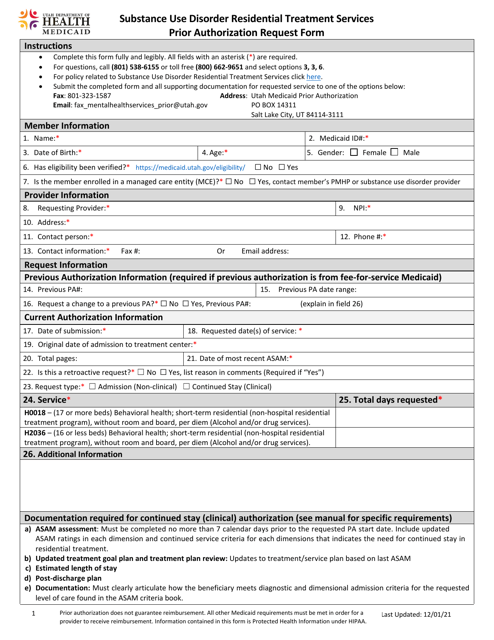 Substance Use Disorder Residential Treatment Services Prior Authorization Request Form - Utah Download Pdf