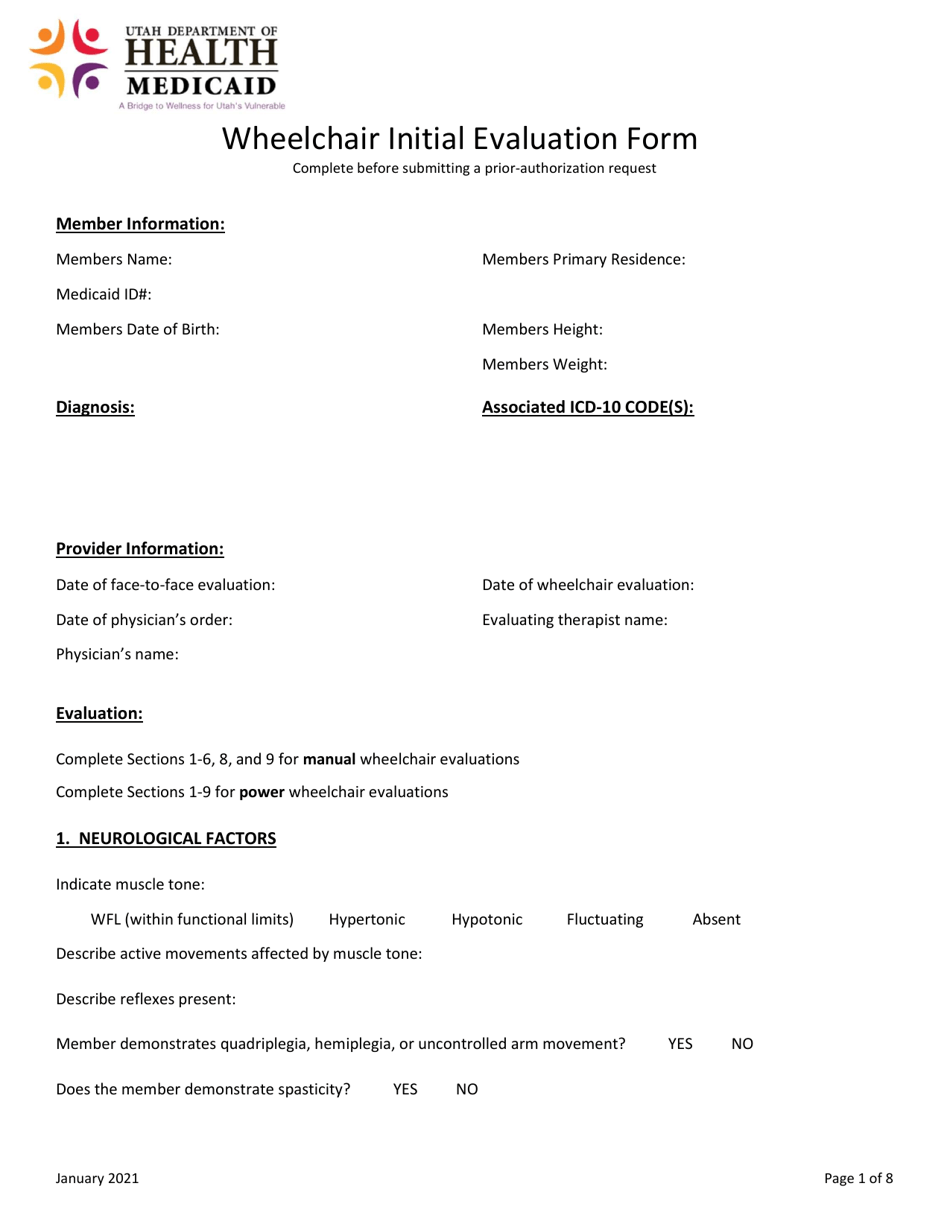 Wheelchair Initial Evaluation Form - Utah, Page 1
