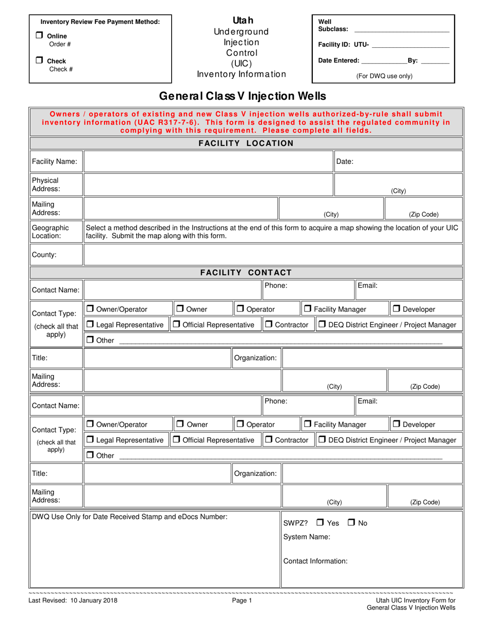 Utah Underground Injection Control Inventory Information Form for General Class V Injection Wells - Utah, Page 1