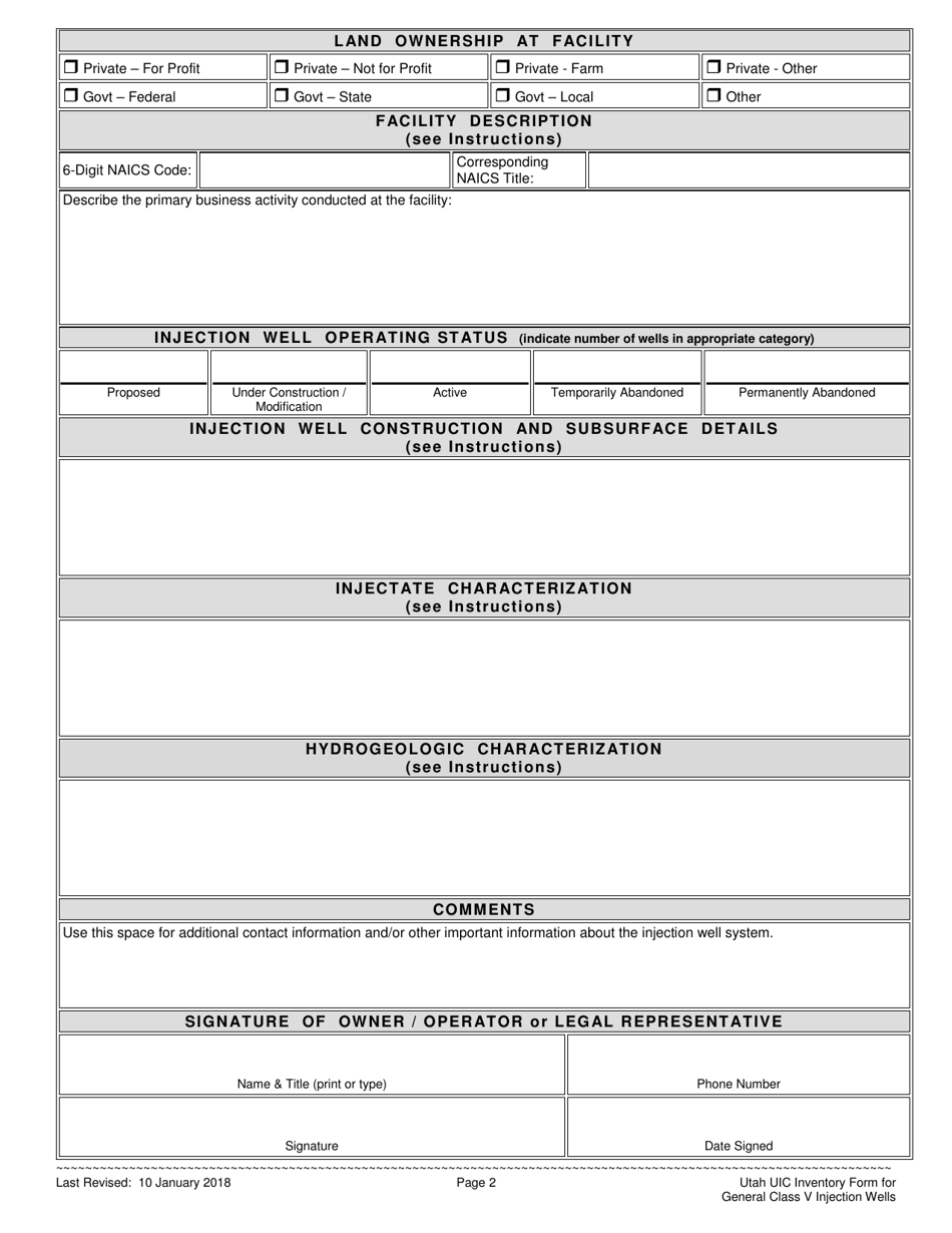 Utah Utah Underground Injection Control Inventory Information Form for