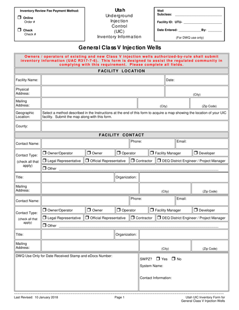 Utah Underground Injection Control Inventory Information Form for General Class V Injection Wells - Utah