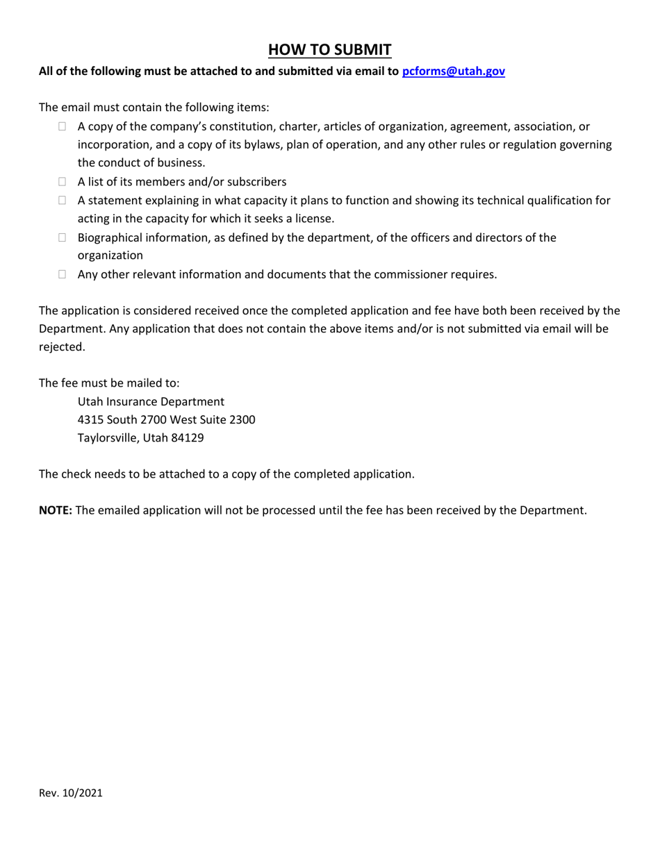 Application for Rate Service Organization - Utah, Page 1